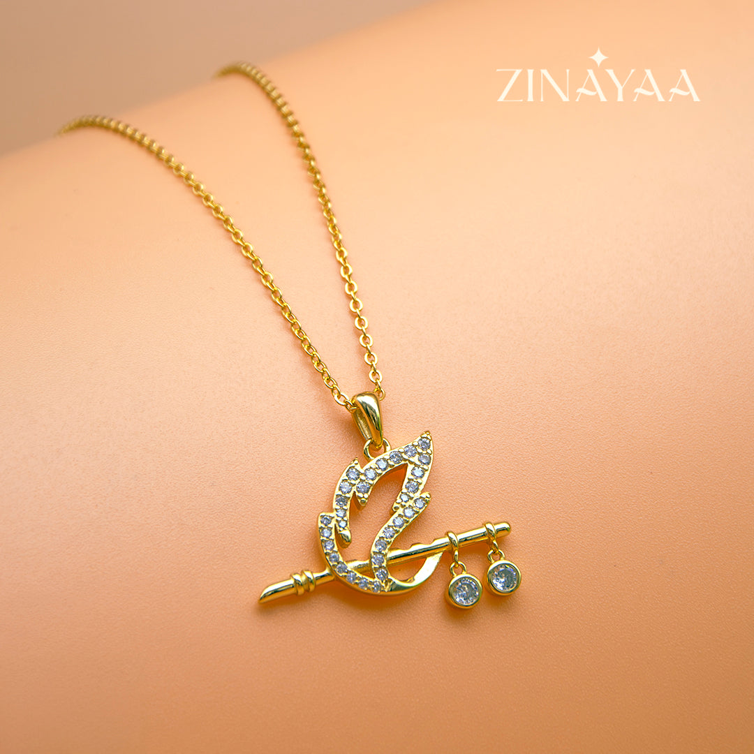 92.5 Sterling Silver Krishna's Flute Pendant with Chain in Gold
