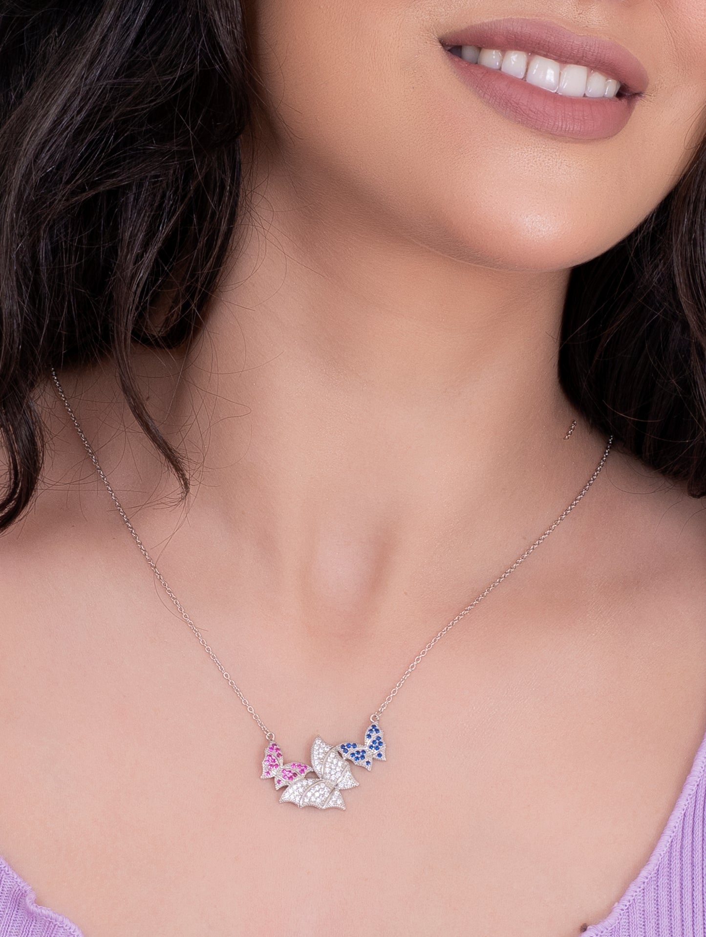 92.5 Sterling Silver Trio Butterfly Necklace