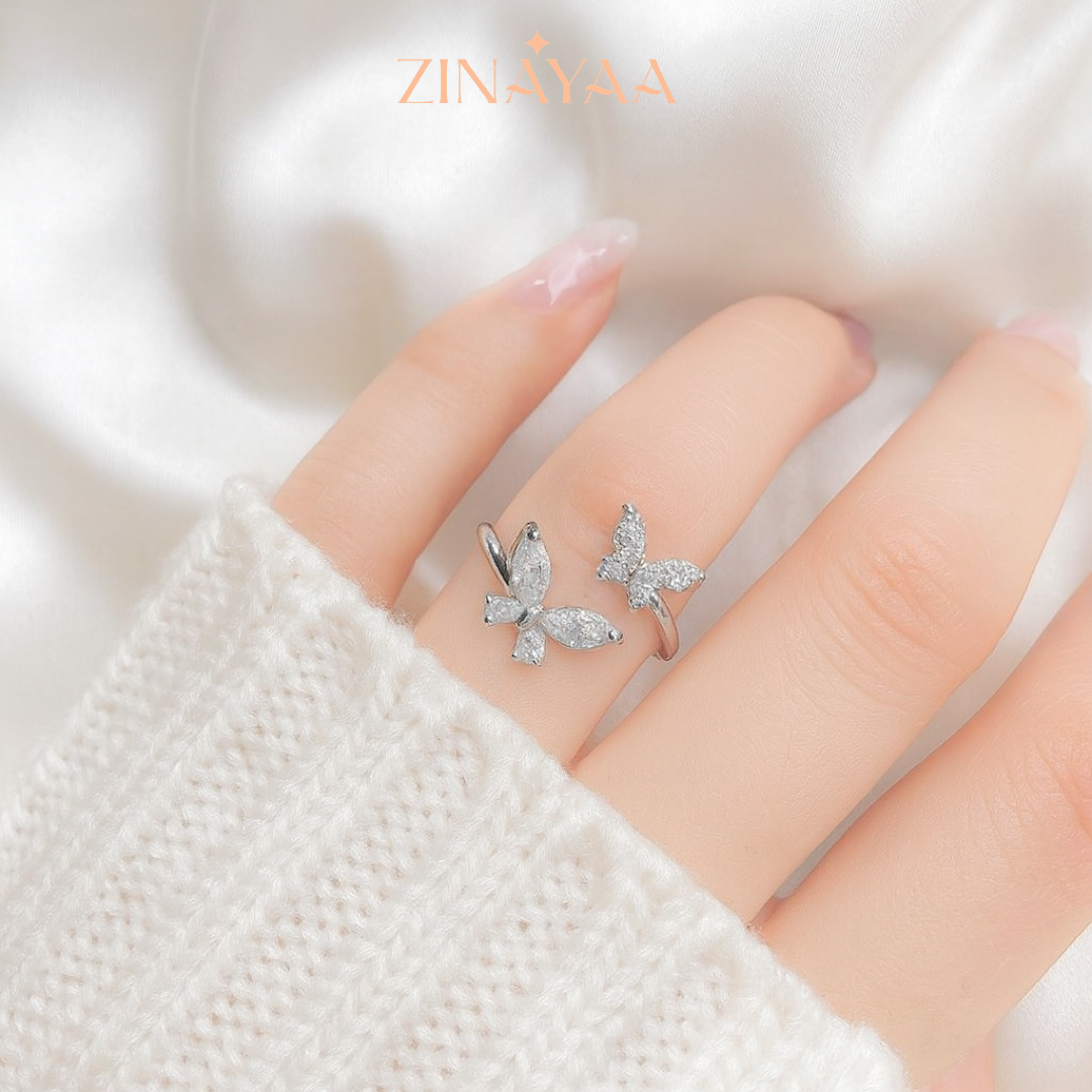 92.5 Sterling Silver Double Butterfly Adjustable Ring