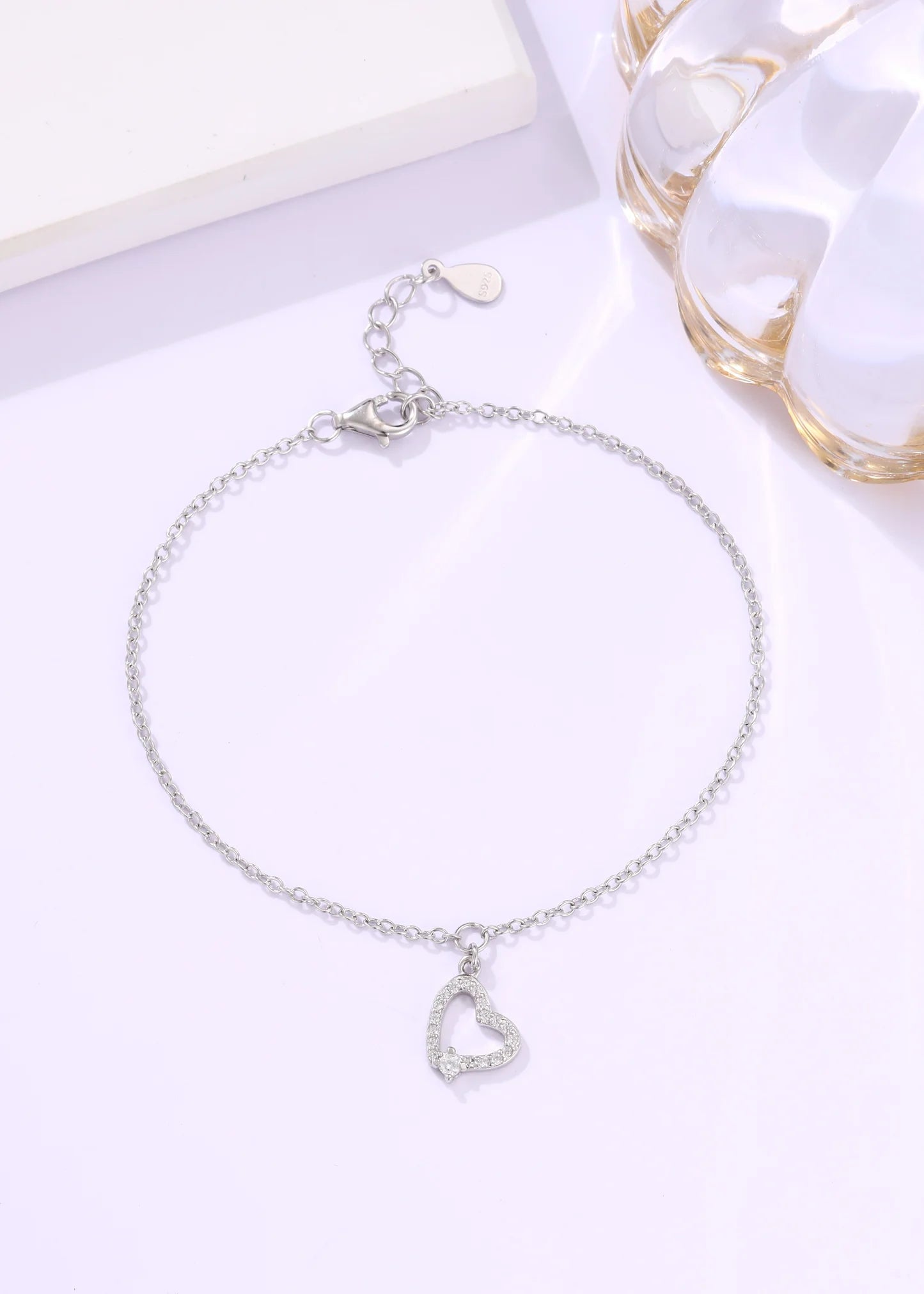 92.5 Sterling Silver Heart Charm Bracelet