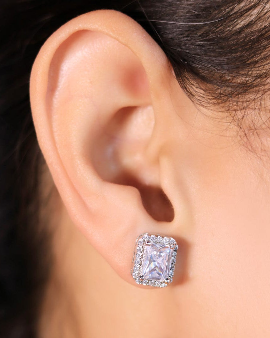 92.5 Sterling Silver Emerald cut Stud Earrings