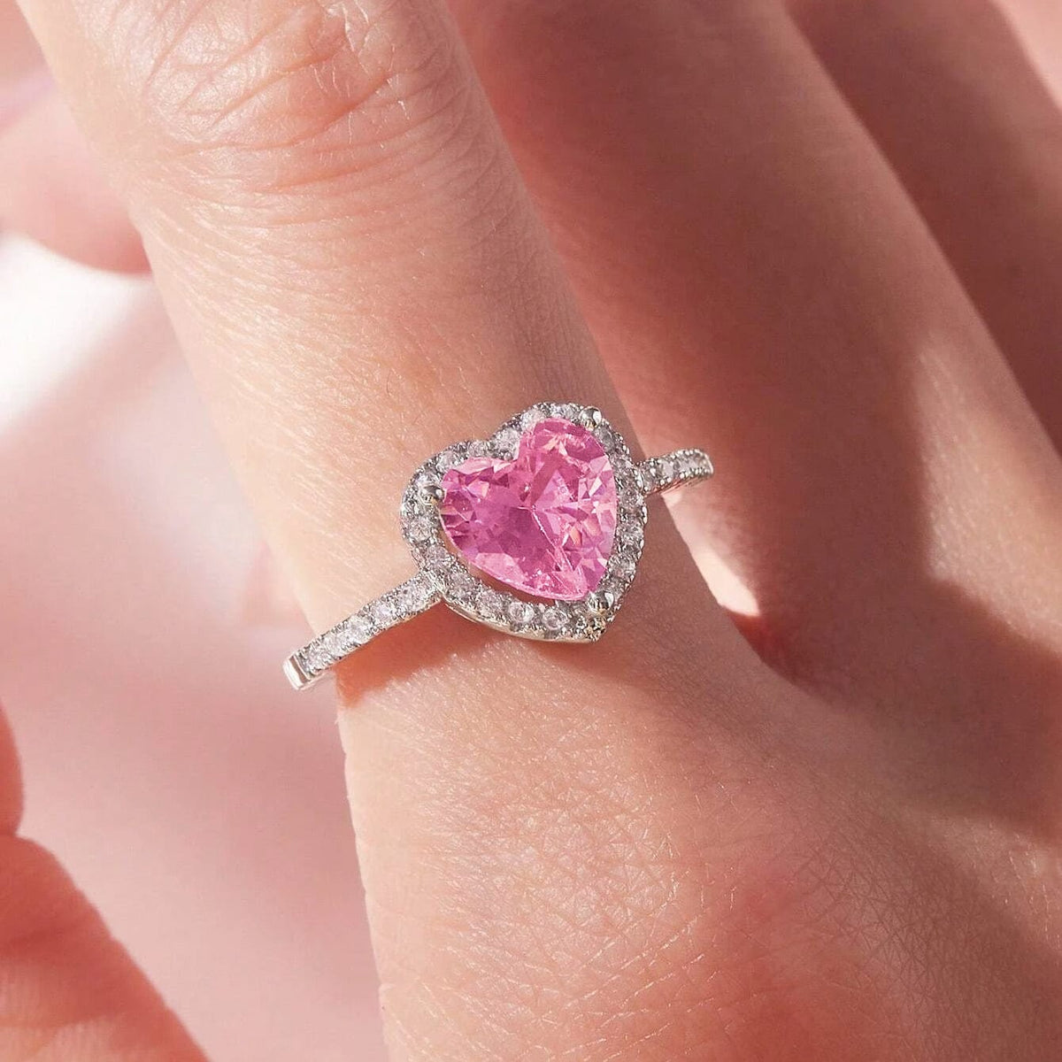 92.5 Sterling Silver Adjustable Pink Heart Halo Ring