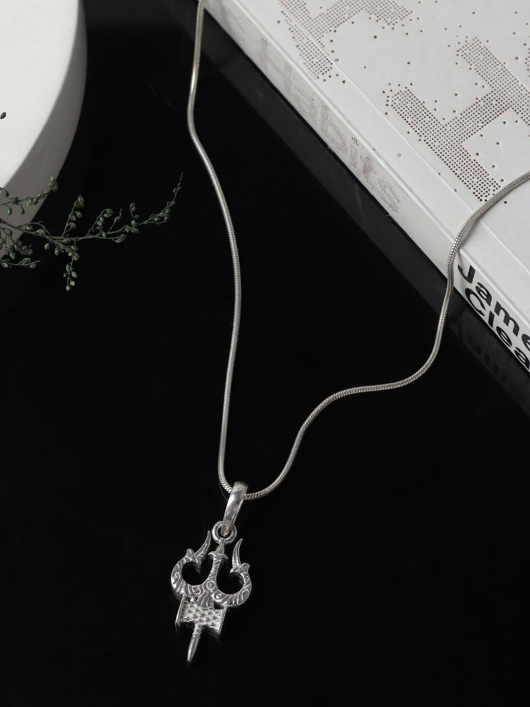 92.5 Sterling Silver Trishul & Damru Pendant with Chain for Men & Women