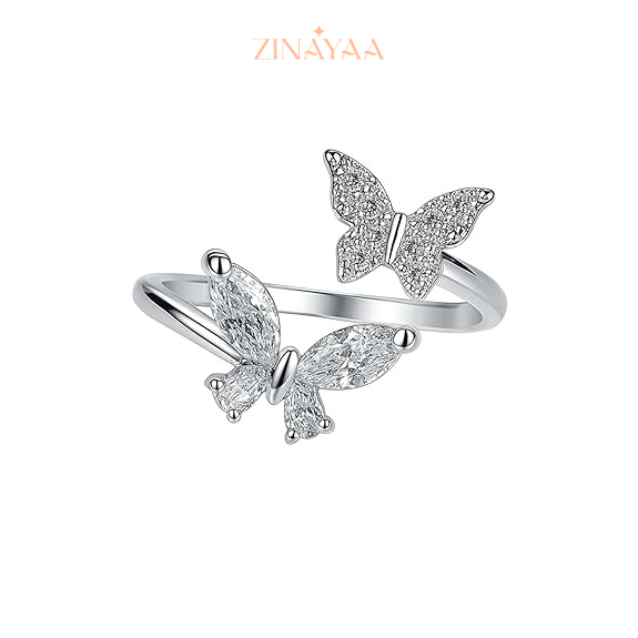 92.5 Sterling Silver Double Butterfly Adjustable Ring