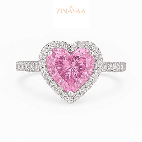 92.5 Sterling Silver Adjustable Pink Heart Halo Ring