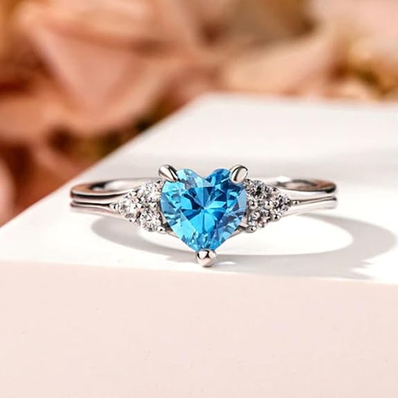 92.5 Sterling Silver Adjustable Blue Heart Three-Stone Ring