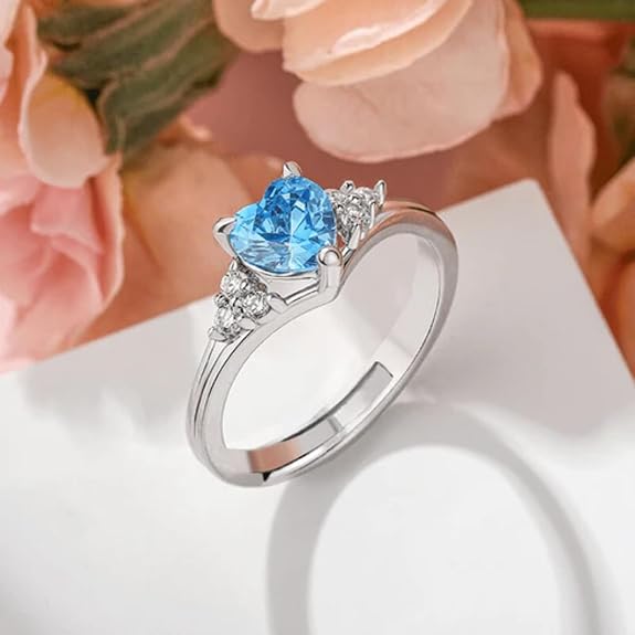 92.5 Sterling Silver Adjustable Blue Heart Three-Stone Ring