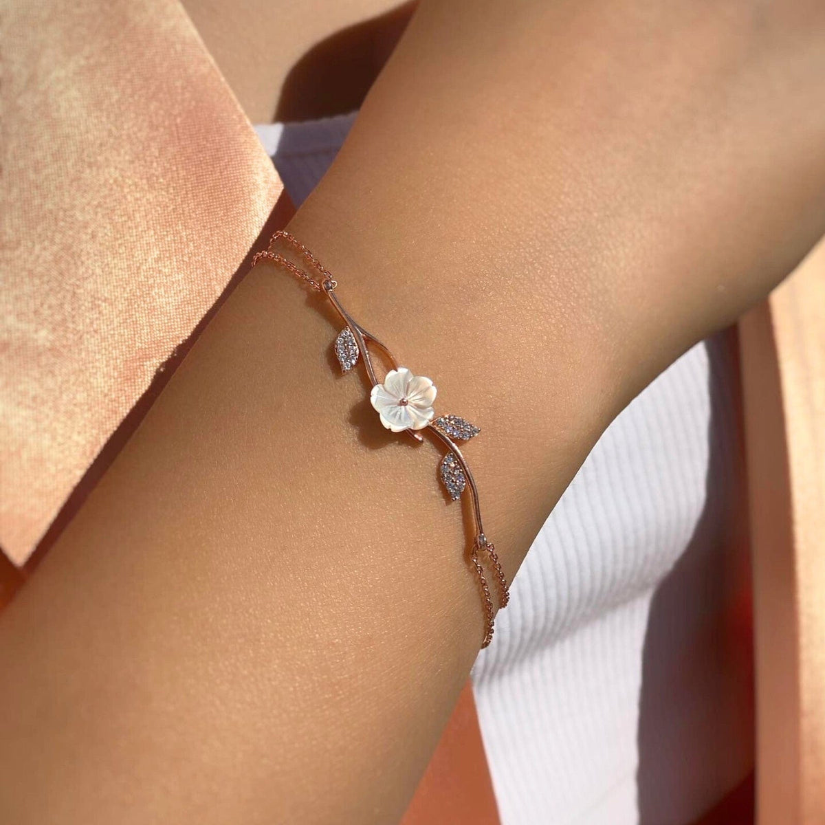 92.5 Sterling Silver Floral Rose Gold Bracelet