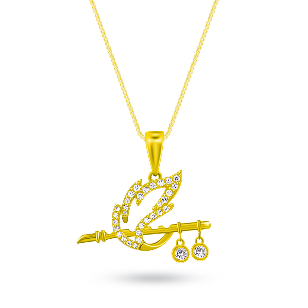 92.5 Sterling Silver Krishna's Flute Pendant with Chain in Gold