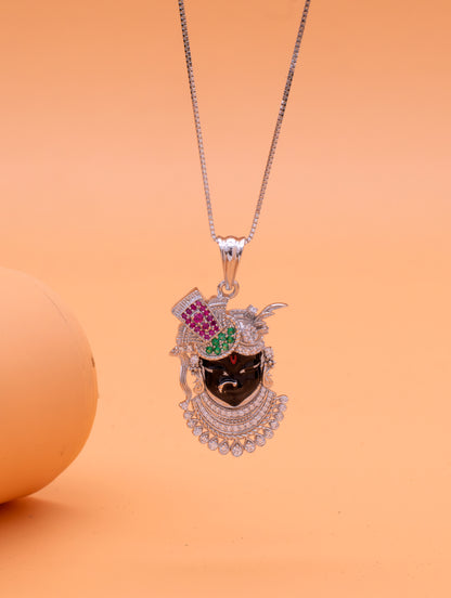 92.5 Sterling Silver Divine Krishna Pendant & Chain in Silver