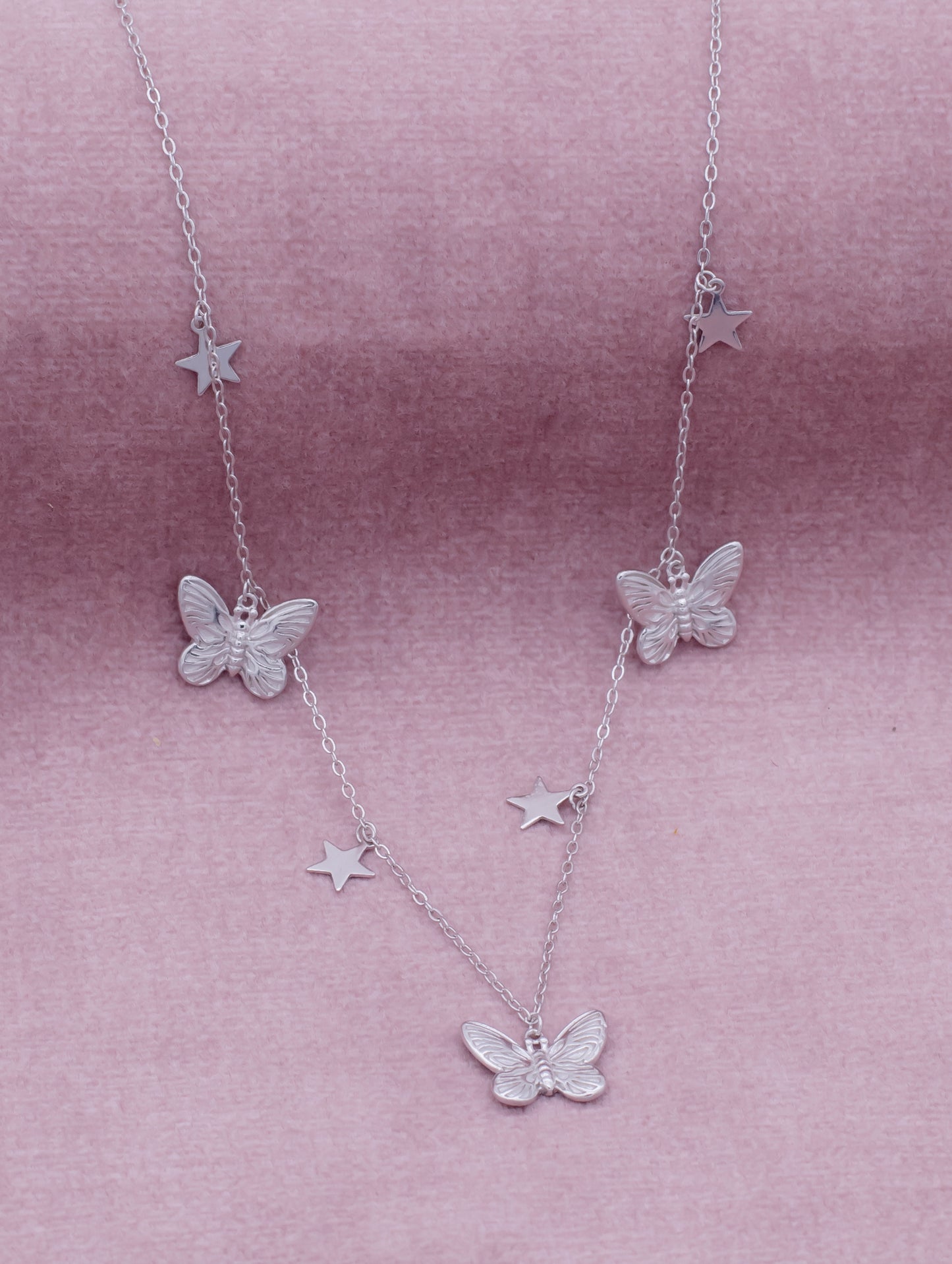 92.5 Sterling Silver Butterful and Star Charm Necklace