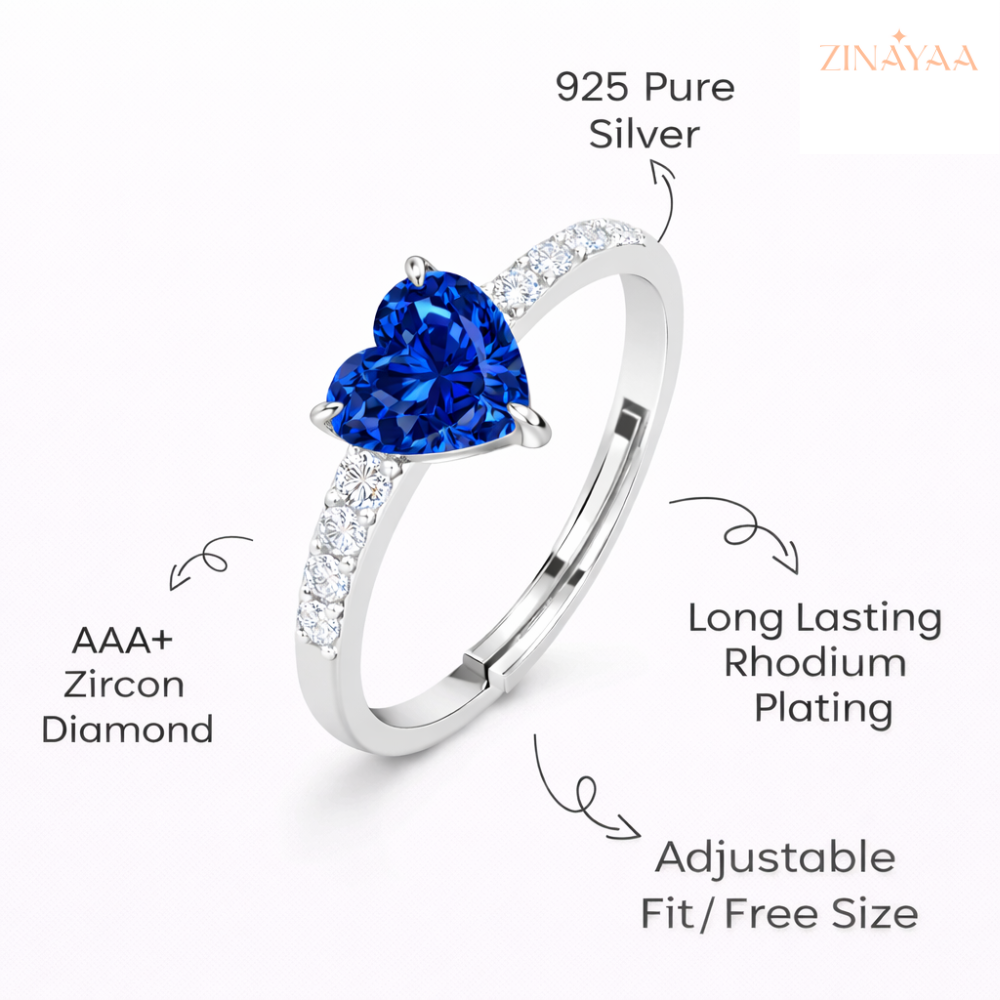92.5 Sterling Silver Adjustable Heart-Cut Blue Stone Ring