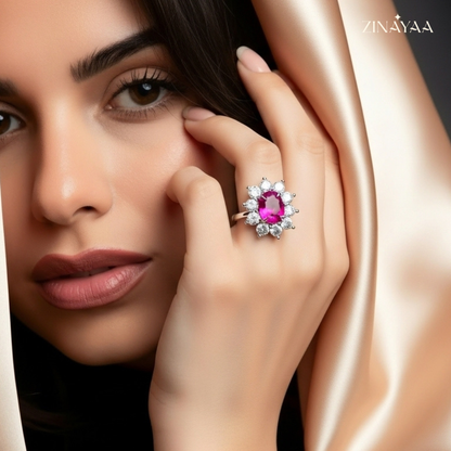 925 Sterling Silver Ruby Bloom Statement Adjustable Ring