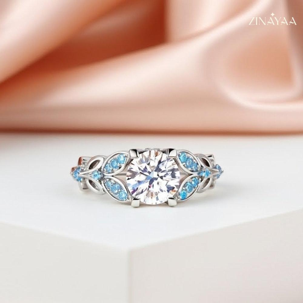 925 Sterling Silver Engagement Solitaire with Blue Leaf Adjustable  Ring for Women