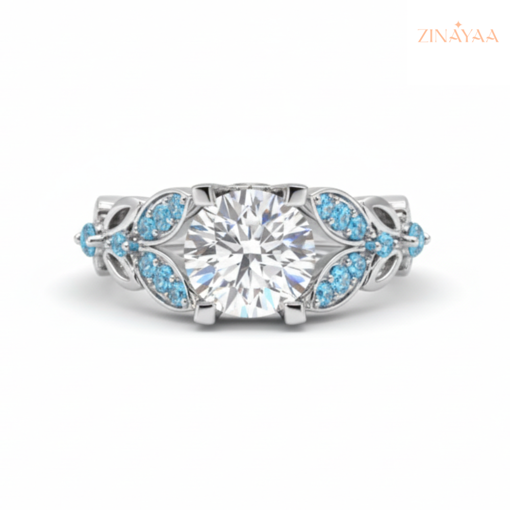 925 Sterling Silver Engagement Solitaire with Blue Leaf Adjustable  Ring for Women