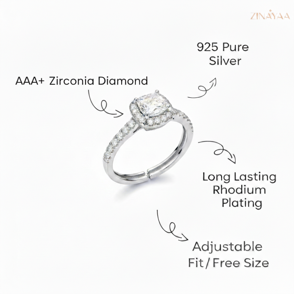 92.5 Sterling Silver Radiant Halo Adjustable Ring