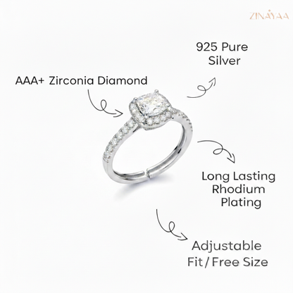 92.5 Sterling Silver Radiant Halo Adjustable Ring