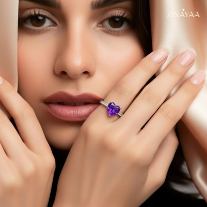 925 Sterling Silver Purple Heart Sparkle Adjustable Ring