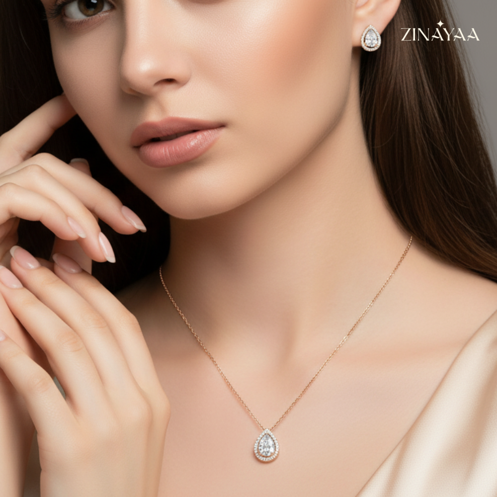 925 Sterling Silver Pear Halo Jewellery Set