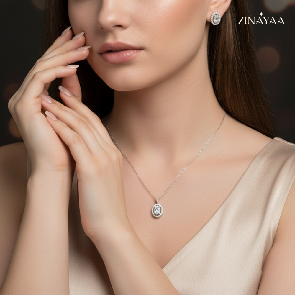 925 Sterling Silver Oval Halo Jewellery Set
