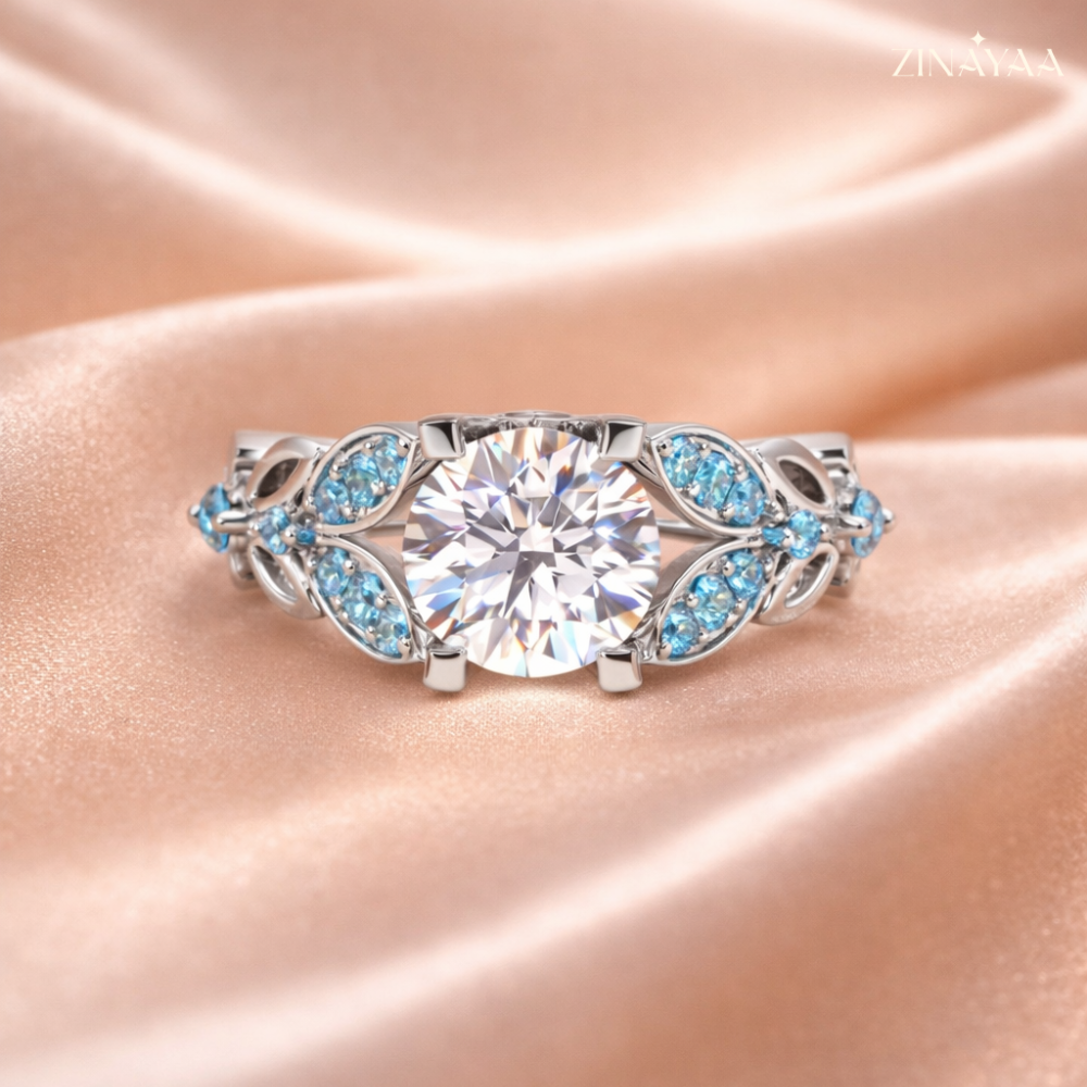 925 Sterling Silver Engagement Solitaire with Blue Leaf Adjustable  Ring for Women