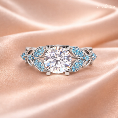 925 Sterling Silver Engagement Solitaire with Blue Leaf Adjustable  Ring for Women