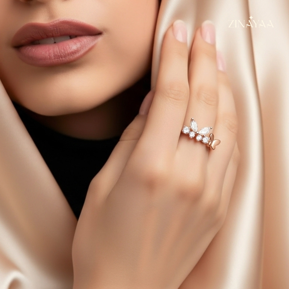 925 Sterling Silver Rose Gold Floral Spark Adjustable Ring