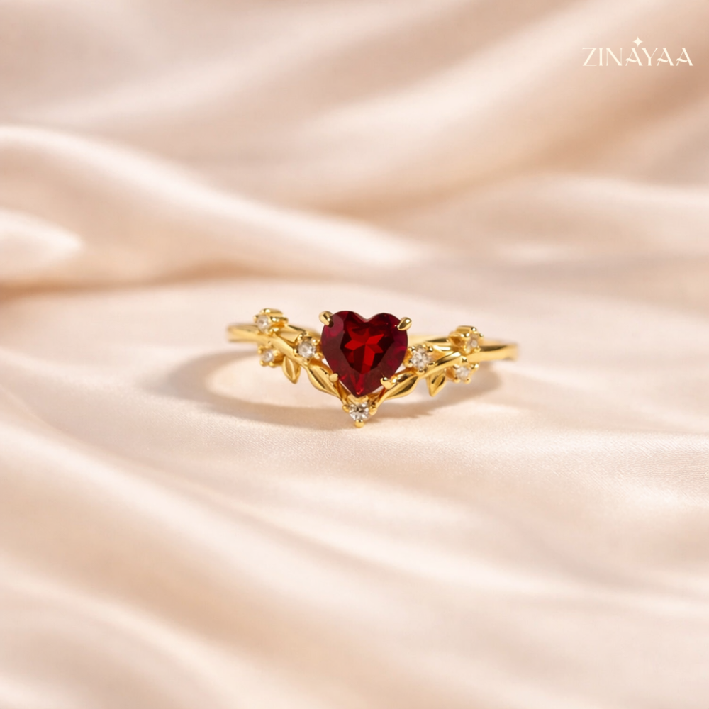 92.5 Sterling Silver Gold Heart-Cut Red Stone Ring For Women