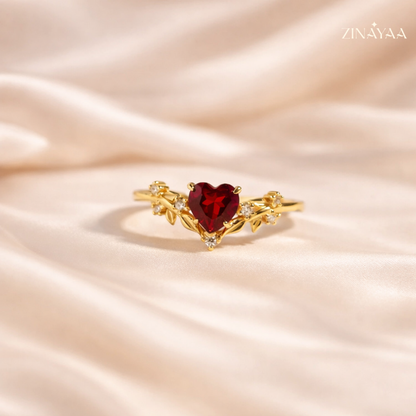 92.5 Sterling Silver Gold Heart-Cut Red Stone Ring For Women