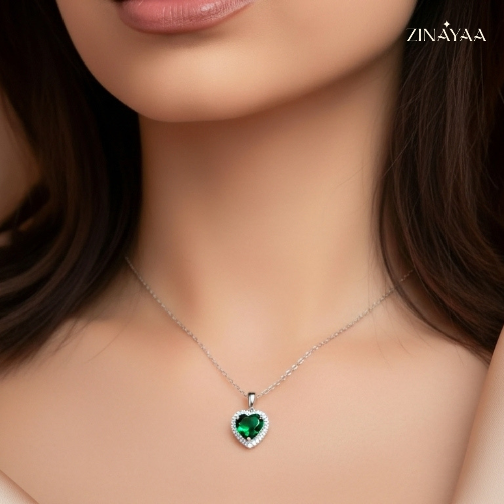 925 Sterling Silver Emerald Heart Halo Adjustable Pendant Necklace