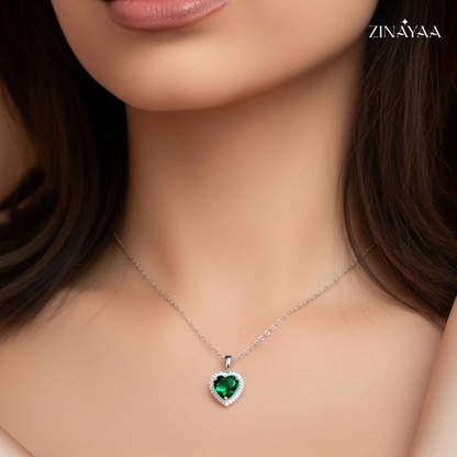 925 Sterling Silver Emerald Heart Halo Adjustable Pendant Necklace
