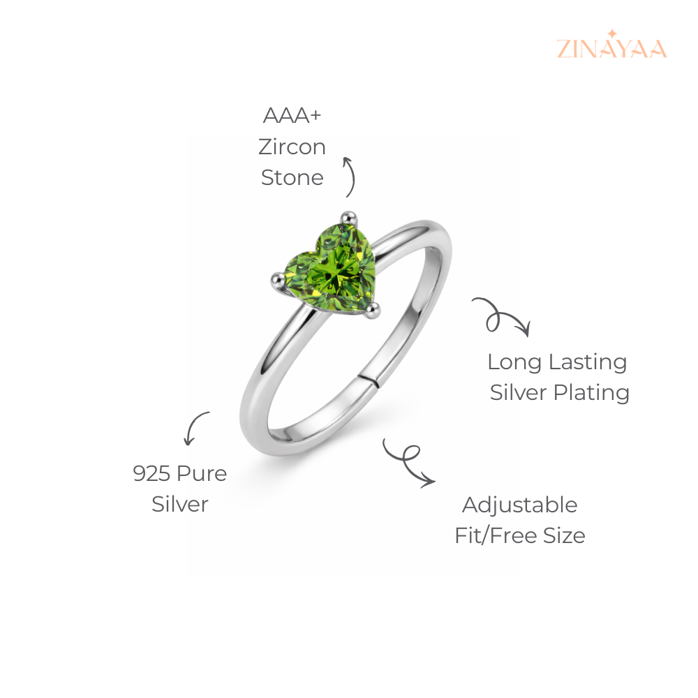 925 Sterling Silver Green Heart Solitaire Adjustable Ring