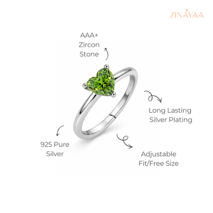 925 Sterling Silver Green Heart Solitaire Adjustable Ring