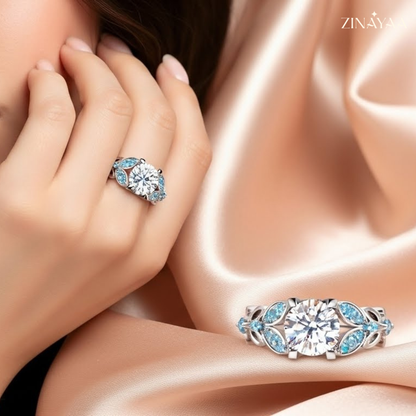 925 Sterling Silver Engagement Solitaire with Blue Leaf Adjustable  Ring for Women