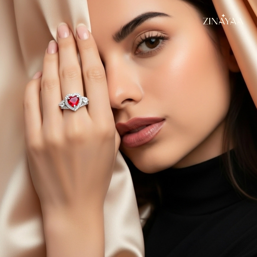 925 Sterling Silver Red Heart Halo Adjustable Ring