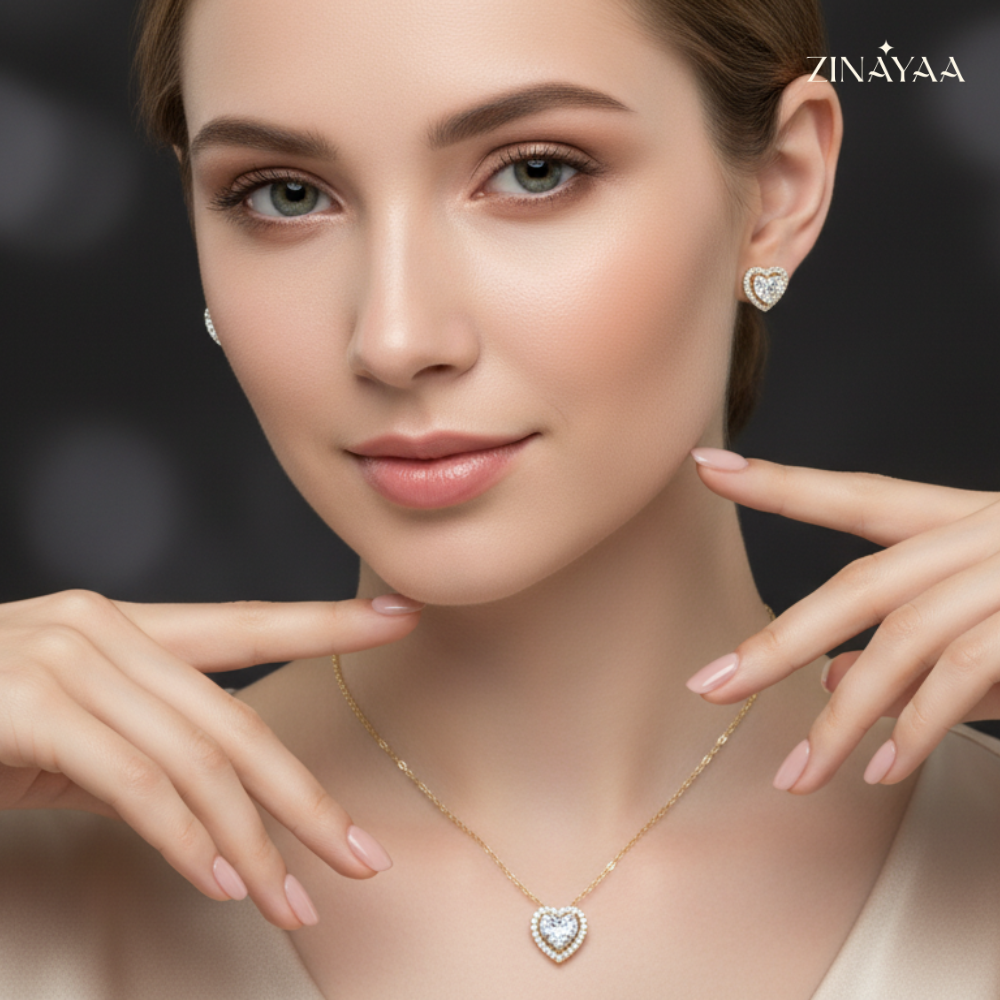 925 Sterling Silver Golden Heart Spark Necklace Set