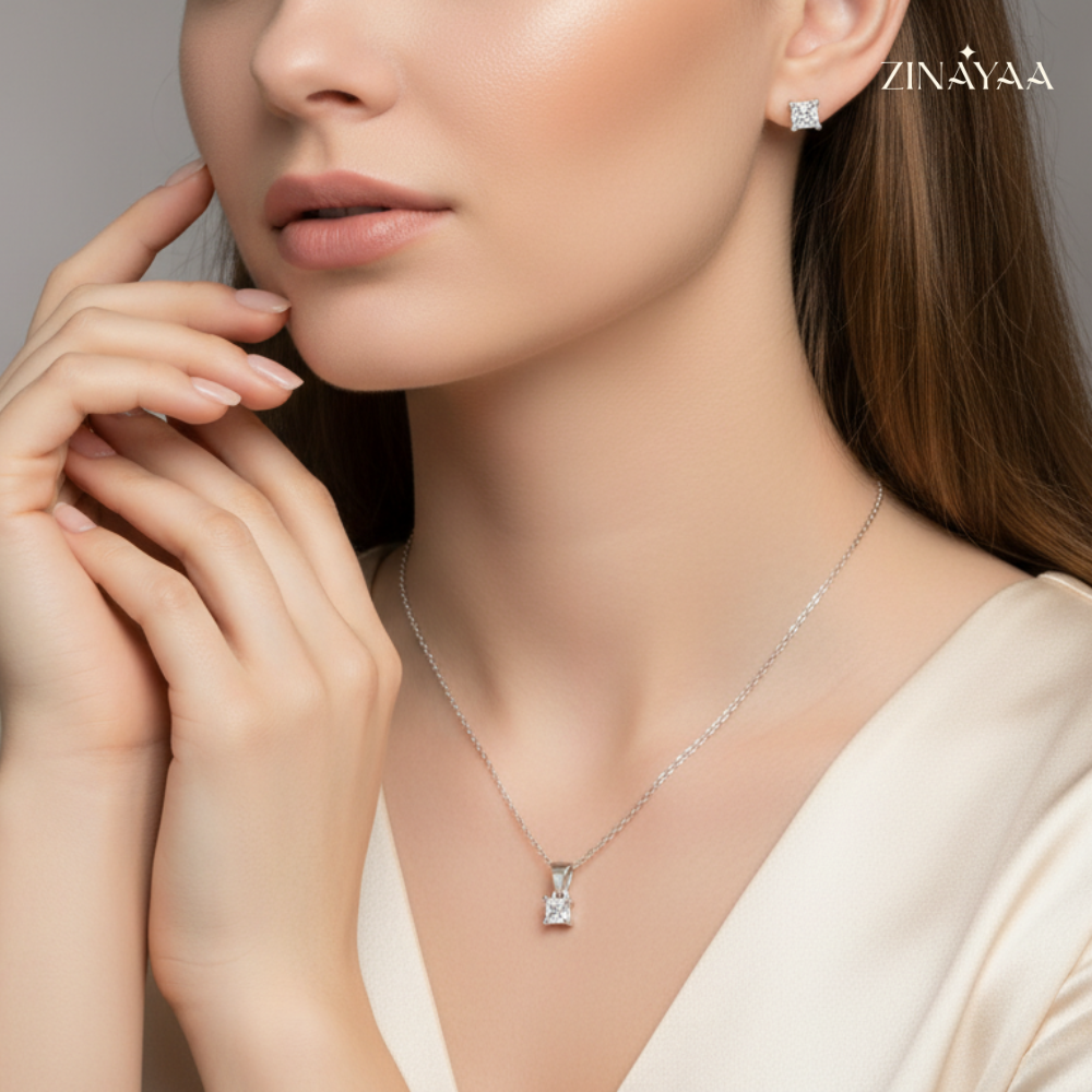 925 Sterling Silver Princess Cut Pendant & Stud Earrings Set