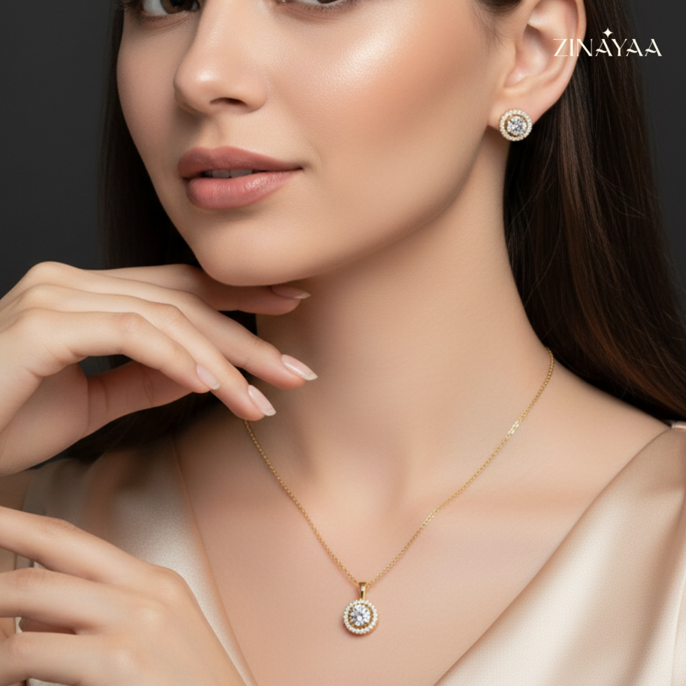925 Sterling Silver Halo Sparkle Necklace & Stud Earrings Set