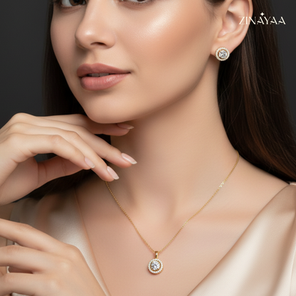 925 Sterling Silver Halo Sparkle Necklace & Stud Earrings Set