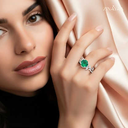 925 Sterling Silver Emerald Leaf Adjustable Ring