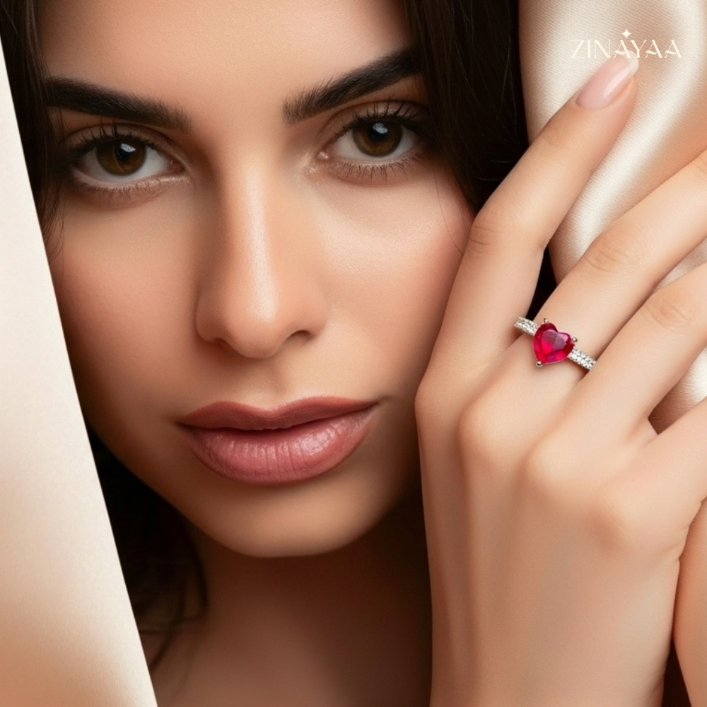 925 Sterling Silver Ruby Heart Adjustable Ring