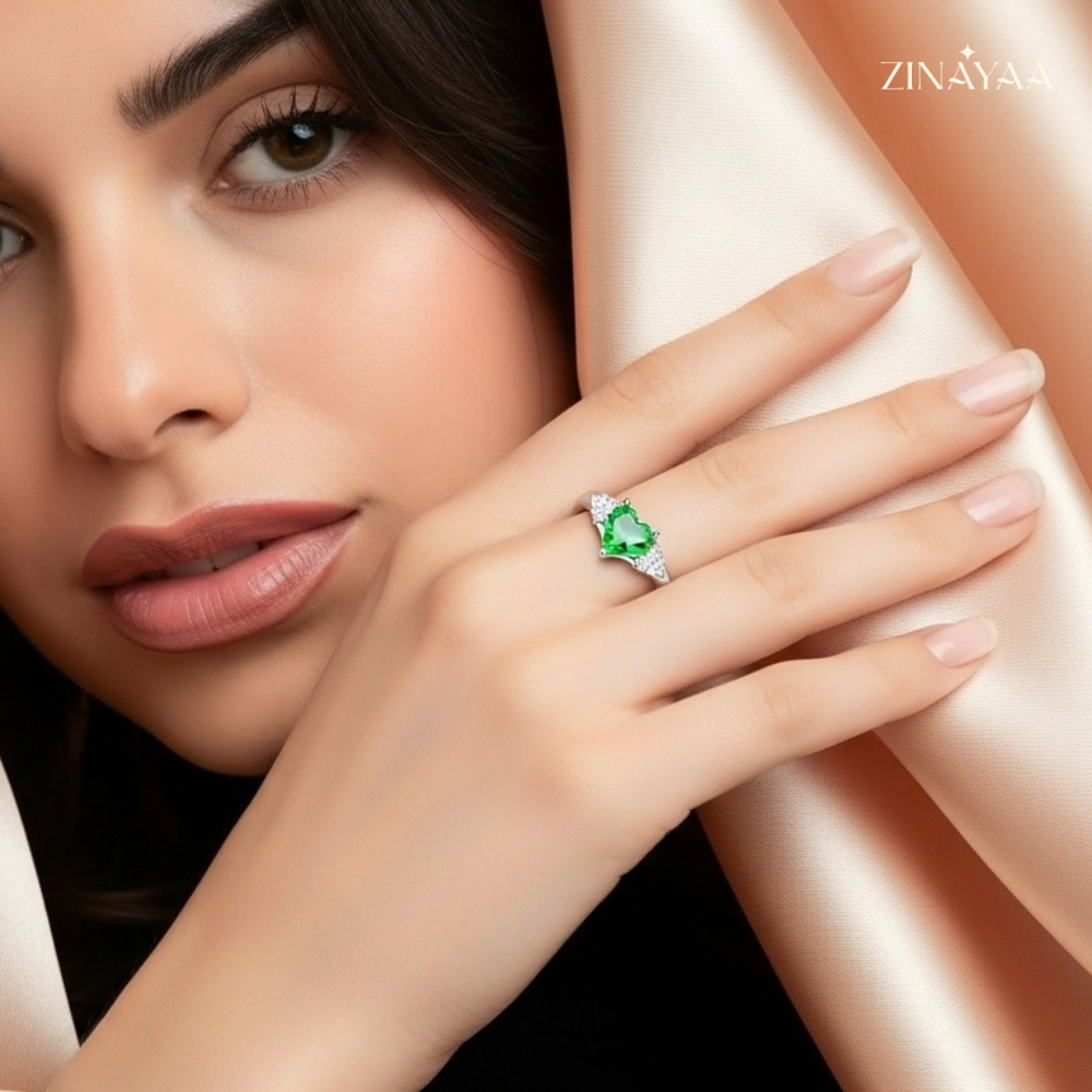925 Sterling Silver Emerald Heart Halo Adjustable Ring