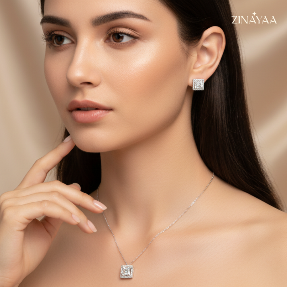 925 Sterling Silver Princess Halo Necklace & Earrings Set