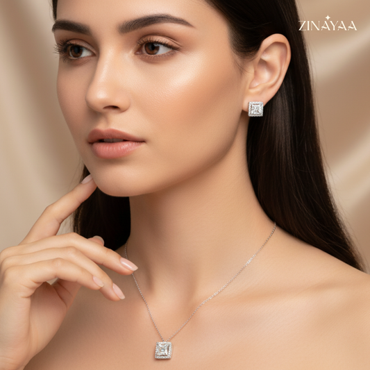 925 Sterling Silver Princess Halo Necklace & Earrings Set