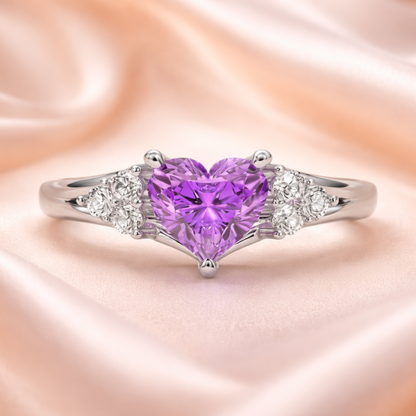 92.5 Sterling Silver Heart-Cut Purple Stone Ring for Women