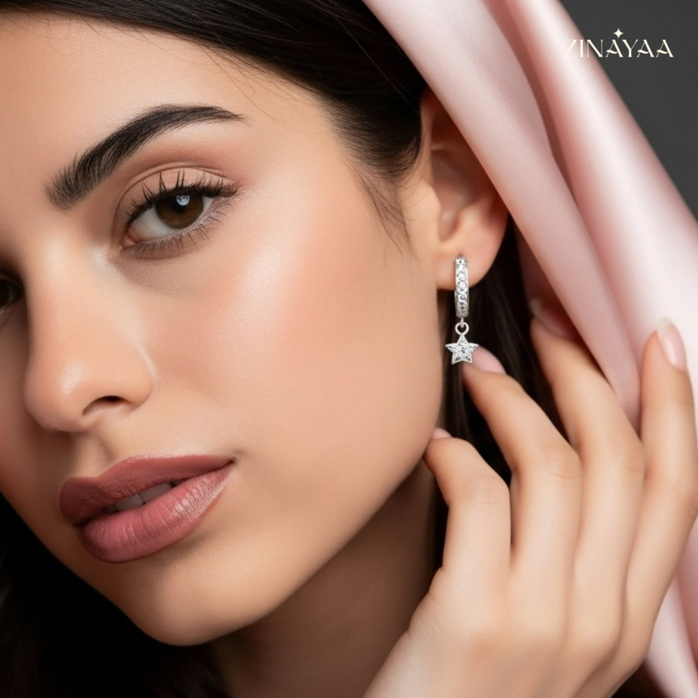 925 Sterling Silver Star Drop Hoop Earrings