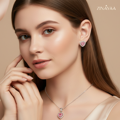 925 Sterling Silver Pink Heart Pendant Necklace & Earrings Set