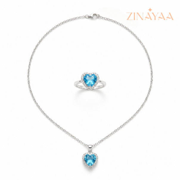 925 Sterling Silver Blue Heart Halo Jewellery Set – Pendant Necklace & Adjustable Ring