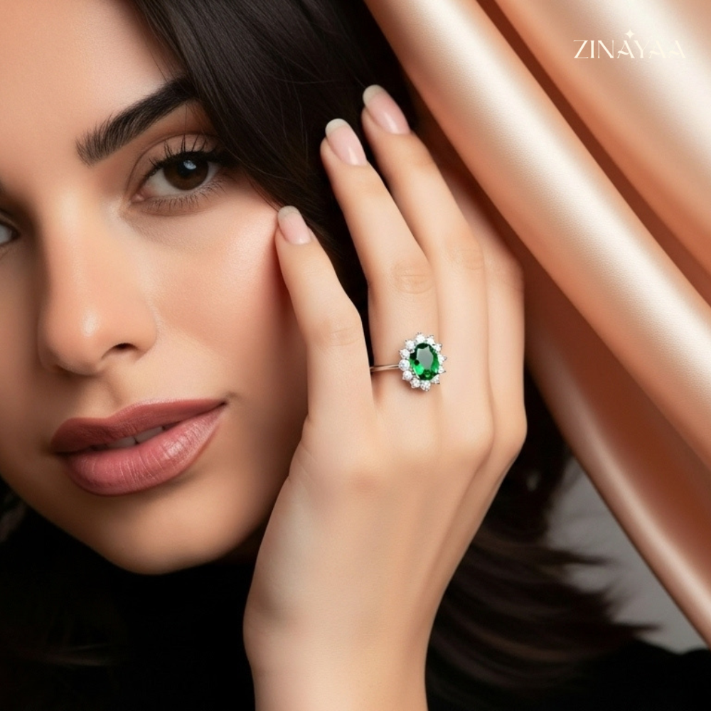 925 Sterling Silver Emerald Halo Adjustable Ring