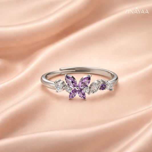92.5 Sterling Silver Purple Floral Accent Ring For Women